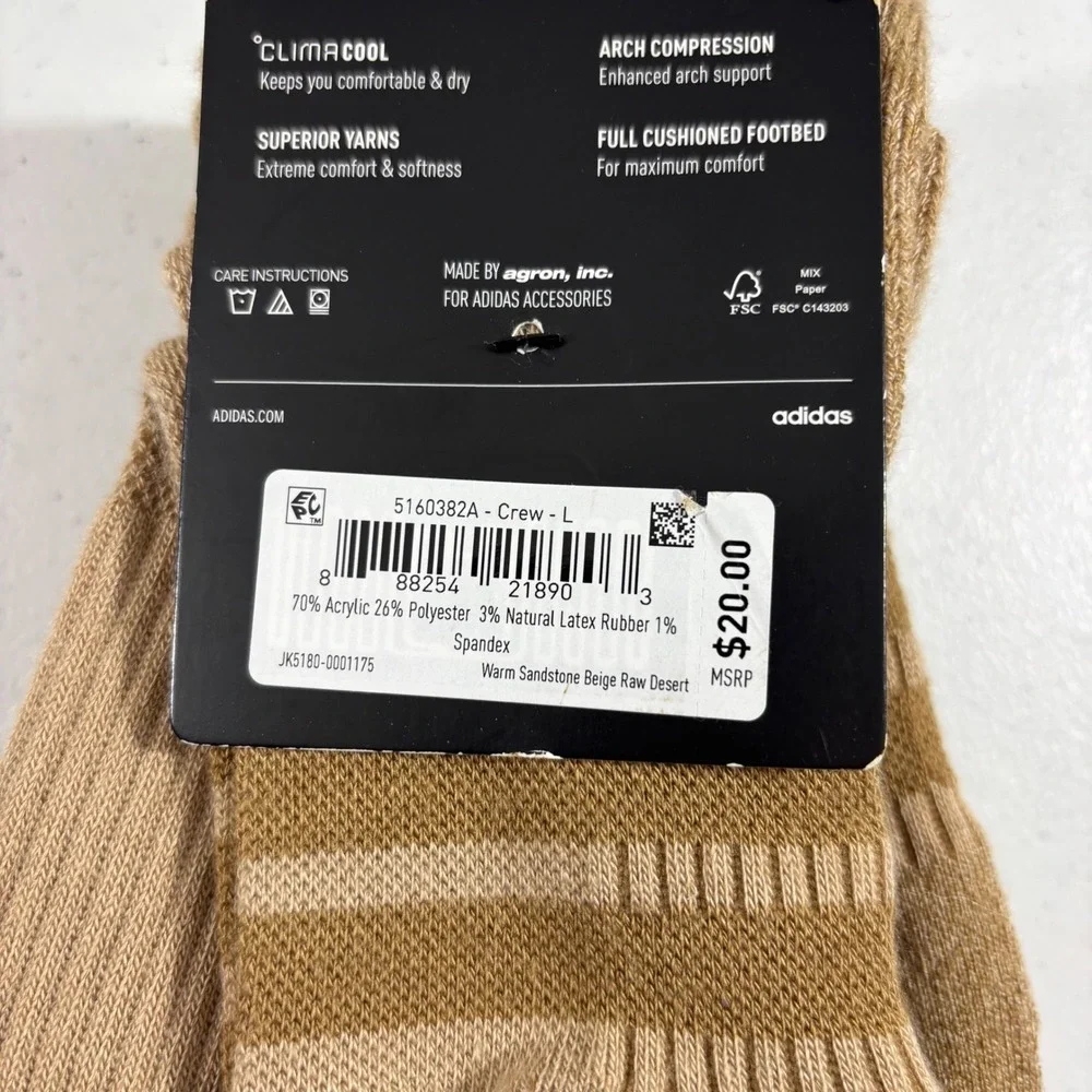 Adidas Mens Crew Socks 3 Pair ClimaCool Beige Sandstone 5160382A Size 6-12
